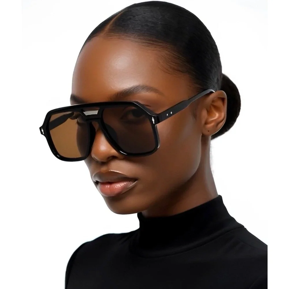 Oversized Flat Top Aviator Sunglasses Black Frame Brown Lens Square Shield 142mm